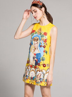 Retro Sleeveless Print Beaded Mini Dress