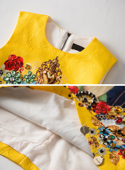 Retro Sleeveless Print Beaded Mini Dress