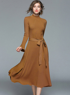 Brief Long Sleeve Belted Slim Knitted Dress