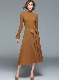 Brief Long Sleeve Belted Slim Knitted Dress
