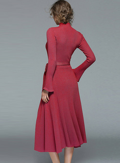Red Long Sleeve Belted Slim Knitted Dress