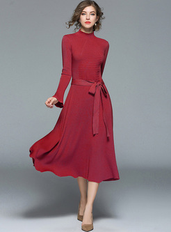 Red Long Sleeve Belted Slim Knitted Dress