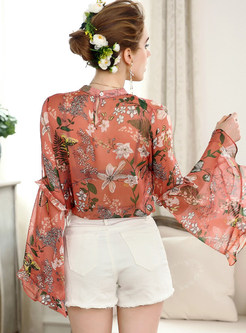 Floral Print See Through Flare Sleeve Blouse