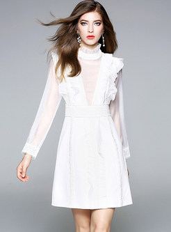 White Lace Stitching Chiffon Skater Dress