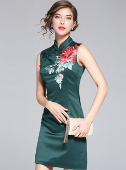 Ethnic Embroidered Sleeveless Cheongsam A-line Dress