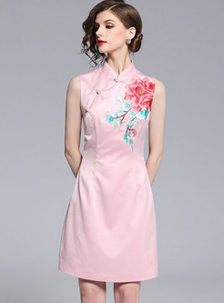 Ethnic Embroidered Sleeveless Cheongsam A-line Dress
