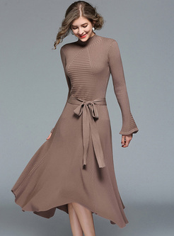 Brown Long Sleeve Belted Slim Knitted Dress