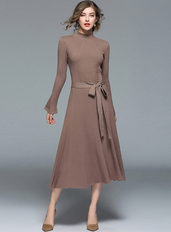 Brown Long Sleeve Belted Slim Knitted Dress