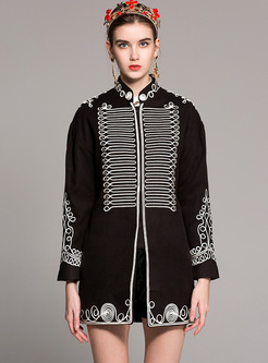 Vintage Stand Collar Embroidery Straight Coat