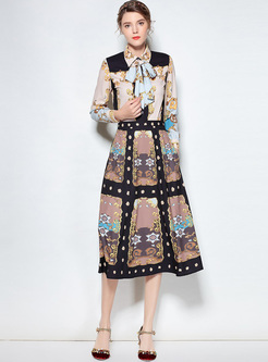 Vintage Print Tied-collar Two-piece Outfits