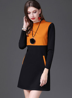 Hit Color Stand Collar A-line Knitted Dress