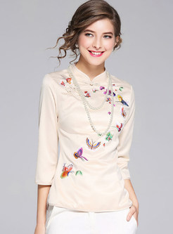 Ethnic Butterfly Embroidered Stand Collar Top