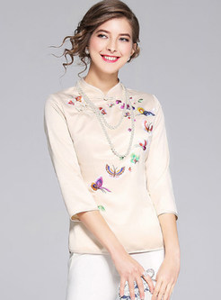 Ethnic Butterfly Embroidered Stand Collar Top