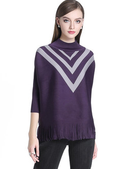 Tassel Hit Color Stand Collar Top