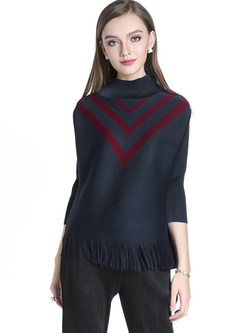 Tassel Hit Color Stand Collar Top