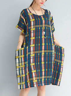 Vintage Plaid Color-blocked Short Sleeve Shift Dress