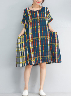 Vintage Plaid Color-blocked Short Sleeve Shift Dress