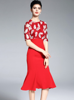 Red Print Lace Half Sleeve Mermaid Dress