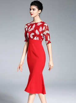 Red Print Lace Half Sleeve Mermaid Dress
