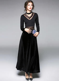 Black Mesh Long Sleeve Party Dress