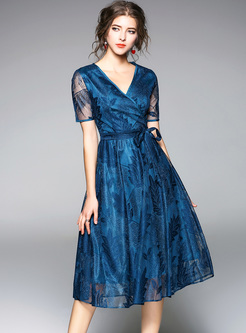 Blue Embroidery V-neck A-line Dress