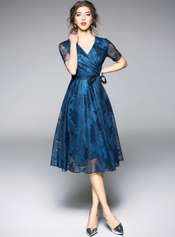 Blue Embroidery V-neck A-line Dress