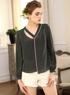 Green V-neck Striped Hollow Blouse