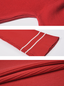 Red Slash Neck Flare Sleeve Sweater
