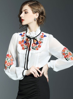 Mock Neck Embroidered Puff Sleeve Blouse