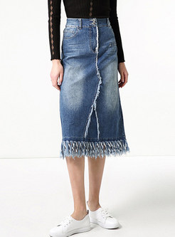 Blue Tassel High Waist Denim Skirt