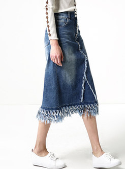 Blue Tassel High Waist Denim Skirt