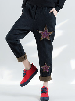 Star Design Embroidered Wash Denim Harem Pants