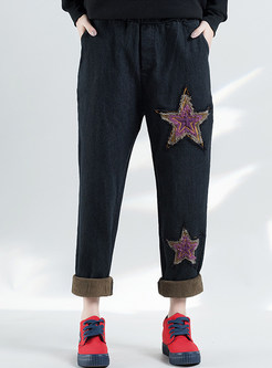 Star Design Embroidered Wash Denim Harem Pants