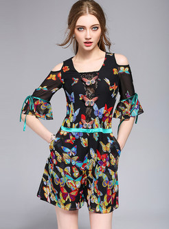 Butterfly Print Flare Sleeve Rompers