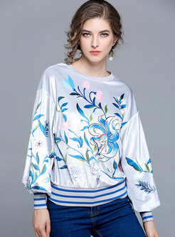 Floral Print Lantern Sleeve Pleuche Sweatshirt
