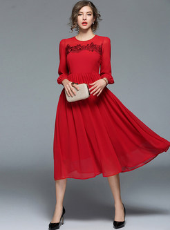 Red Lantern Sleeve Lace Embroidered Skater Dress