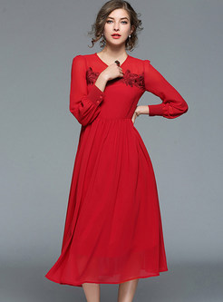 Red Lantern Sleeve Lace Embroidered Skater Dress
