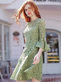 Hollow Out Flare Sleeve Lace A-line Dress With Underskirt