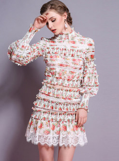 Sweet Floral Print Stand Collar Two-piece Outfits
