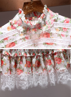Sweet Floral Print Stand Collar Two-piece Outfits