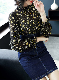Chiffon Floral Print Stand Collar Blouse