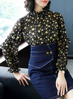 Chiffon Floral Print Stand Collar Blouse