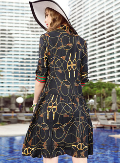 Hit Color Print Splicing Silk A-line Dress