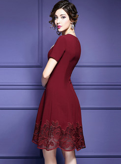 Wine Red Embroidered Gathered Waist Skater Dress