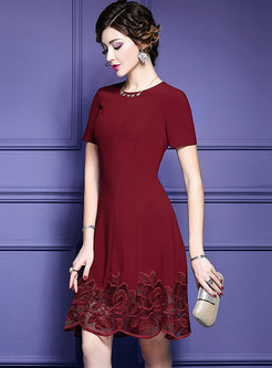 Wine Red Embroidered Gathered Waist Skater Dress