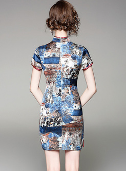 Chic Landscape Print Stand Collar Mini Dress