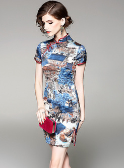 Chic Landscape Print Stand Collar Mini Dress