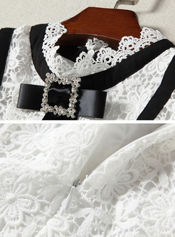 White Lace Falbala Neck Flare Sleeve Bodycon Dress