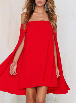 Red Sexy Slash Neck Caped-sleeve Mini Dress