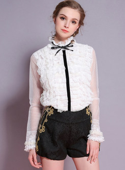 White Lace Splicing Mesh Stand Collar Blouse
